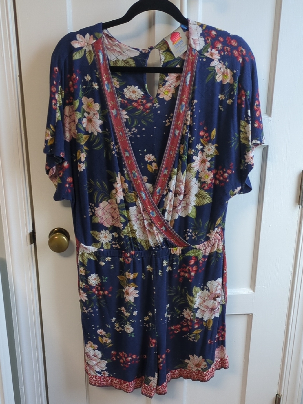Anthropologie FARM Rio Navy Floral Romper with Pink & Green Blooms